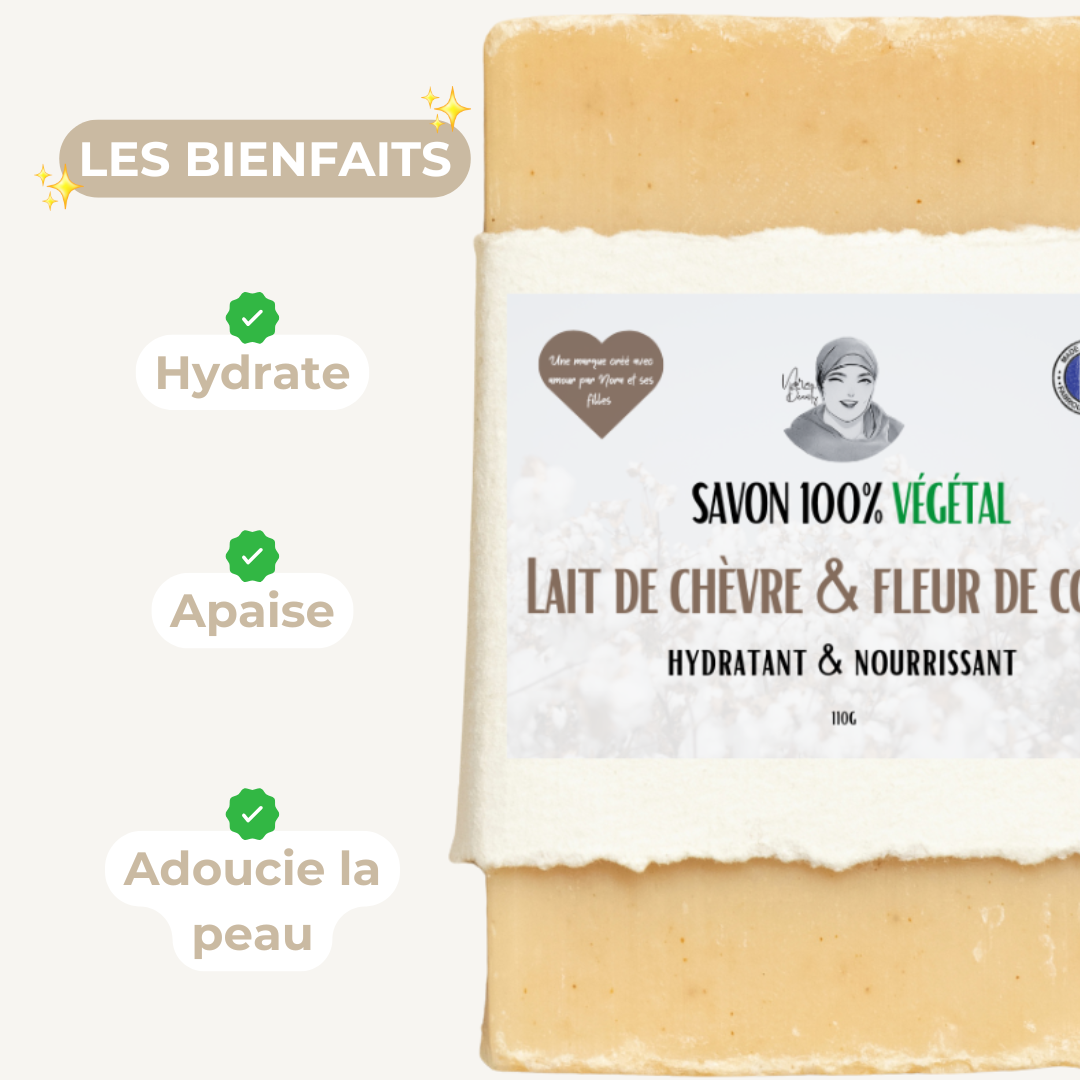 Savon Apaisant Hydratant & Nourrissant - au Lait de Chèvre & Fleur de Coton - 110 grammes - 100% végétal